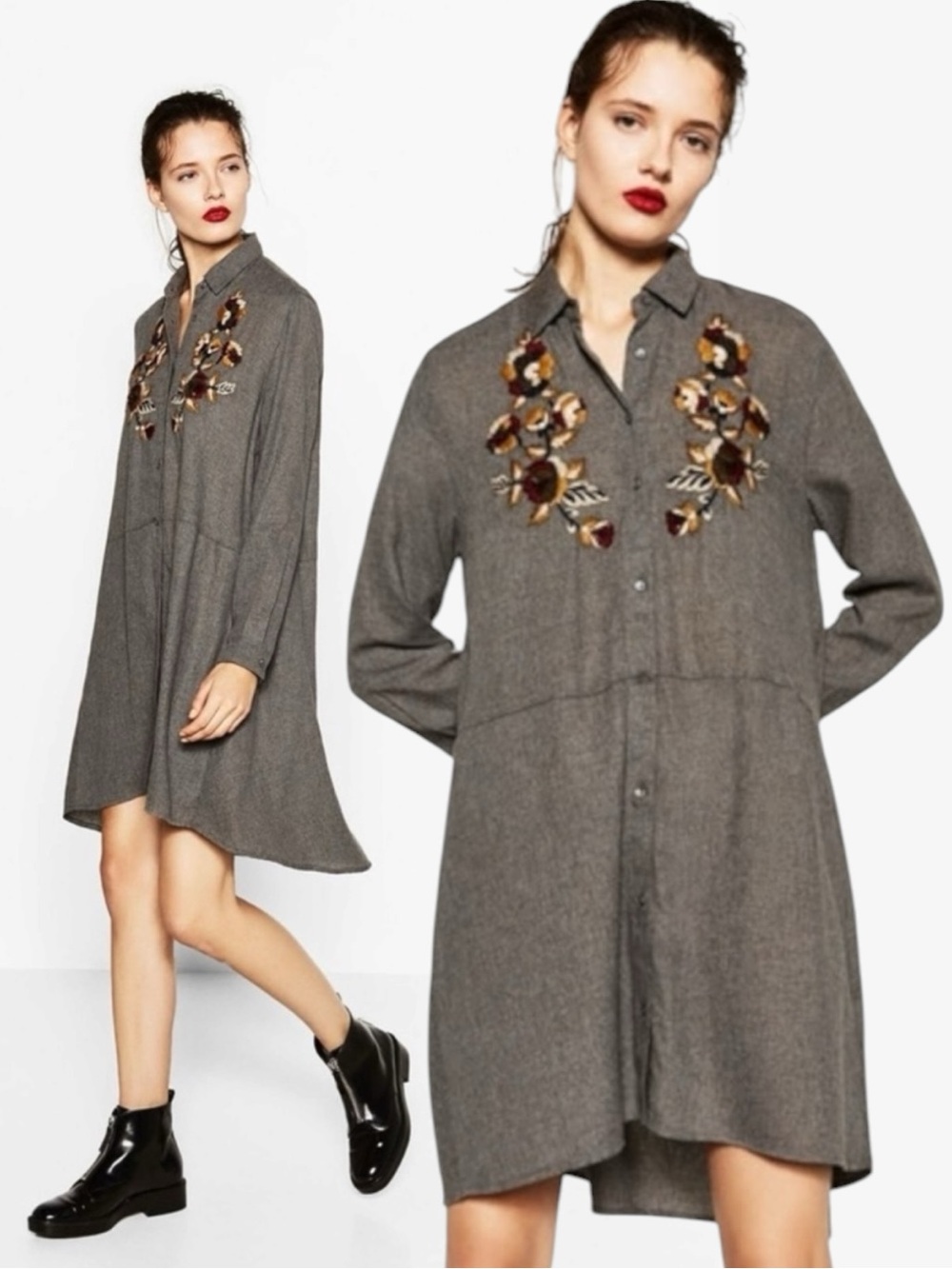 Zara Embroidered Swing Tunic Shirt Dress Size Large Grey Flannel Fall Shacket